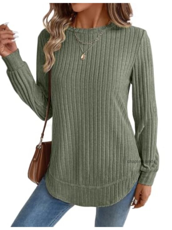 Tops - Womens Long Sleeve Tunic Sweater Ribbed Knit Crew Neck Lightweight